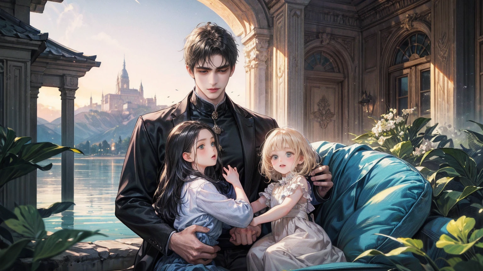 (masterpiece), (Highest quality, High resolution, Very detailed, figure), , Beautiful attention to detail, 8K, Trending on Art Station, A mountain with the moon floating in the sky, introduced on Pixiv々and lakes, 4K のVery detailedデジタルアート, Very detailed4K HD壁紙, Impressive and fantastic landscape, Sci-Fi Fantasy Desktop Wallpaper, Unreal Engine 4K Wallpaper, 4K Detailed Digital Art, Sci-Fi Fantasy Wallpapers, Epic dreamy fantasy landscape, 4K HD Matte Digital Painting, Amazing artwork in 8K "Under the clear blue summer sky, in the garden of a modern house in Pula, Croatia, a young father is warmly and tightly holding up his young twin children, a boy and a girl. The father, once Constantine I, displays an expression of love and forgiveness, showing no signs of fatigue from work. The twins, once Crispus and Fausta, have innocent and radiant smiles, enveloped in a sense of security in their father's arms. In the background, the sparkling sea and the stylish modern house bathed in summer sunlight extend. Light and shadow intertwine perfectly, with the whole scene exuding a glow symbolizing purification and relationship restoration."。Also friendly and pleasant relationship、divine atmosphere、A paradise of greenery and flowers、heaven、Blessings and Blessings、Beautiful fece、brilliance、ultra-quality、Ultra-high resolution、ultra-definition、Super beautiful、​masterpiece