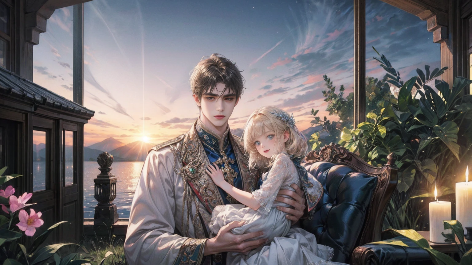 (masterpiece), (Highest quality, High resolution, Very detailed, figure), , Beautiful attention to detail, 8K, Trending on Art Station, A mountain with the moon floating in the sky, introduced on Pixiv々and lakes, 4K のVery detailedデジタルアート, Very detailed4K HD壁紙, Impressive and fantastic landscape, Sci-Fi Fantasy Desktop Wallpaper, Unreal Engine 4K Wallpaper, 4K Detailed Digital Art, Sci-Fi Fantasy Wallpapers, Epic dreamy fantasy landscape, 4K HD Matte Digital Painting, Amazing artwork in 8K "Under the clear blue summer sky, in the garden of a modern house in Pula, Croatia, a young father is warmly and tightly holding up his young twin children, a boy and a girl. The father, once Constantine I, displays an expression of love and forgiveness, showing no signs of fatigue from work. The twins, once Crispus and Fausta, have innocent and radiant smiles, enveloped in a sense of security in their father's arms. In the background, the sparkling sea and the stylish modern house bathed in summer sunlight extend. Light and shadow intertwine perfectly, with the whole scene exuding a glow symbolizing purification and relationship restoration."。Also friendly and pleasant relationship、divine atmosphere、A paradise of greenery and flowers、heaven、Blessings and Blessings、Beautiful fece、brilliance、ultra-quality、Ultra-high resolution、ultra-definition、Super beautiful、masterpiece