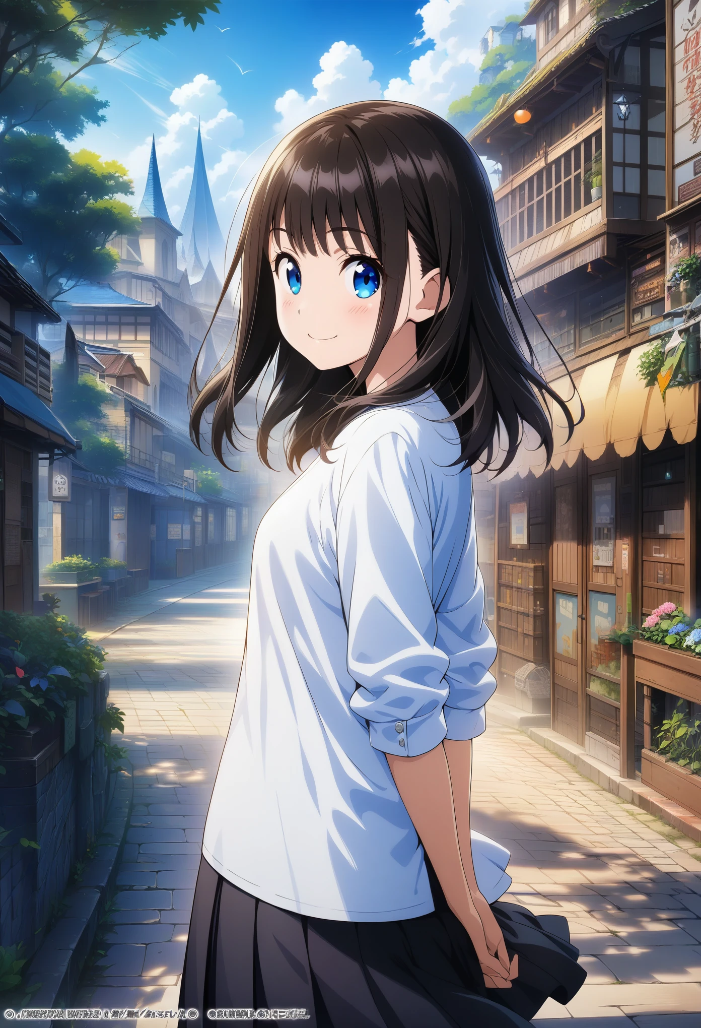 1girl, yabuki_kentarou, solo, official art, blue eyes, smile, looking at viewer, black pleated skirt, white shirt, hands behind back, smile, outdoors, scenery, best quality, masterpiece