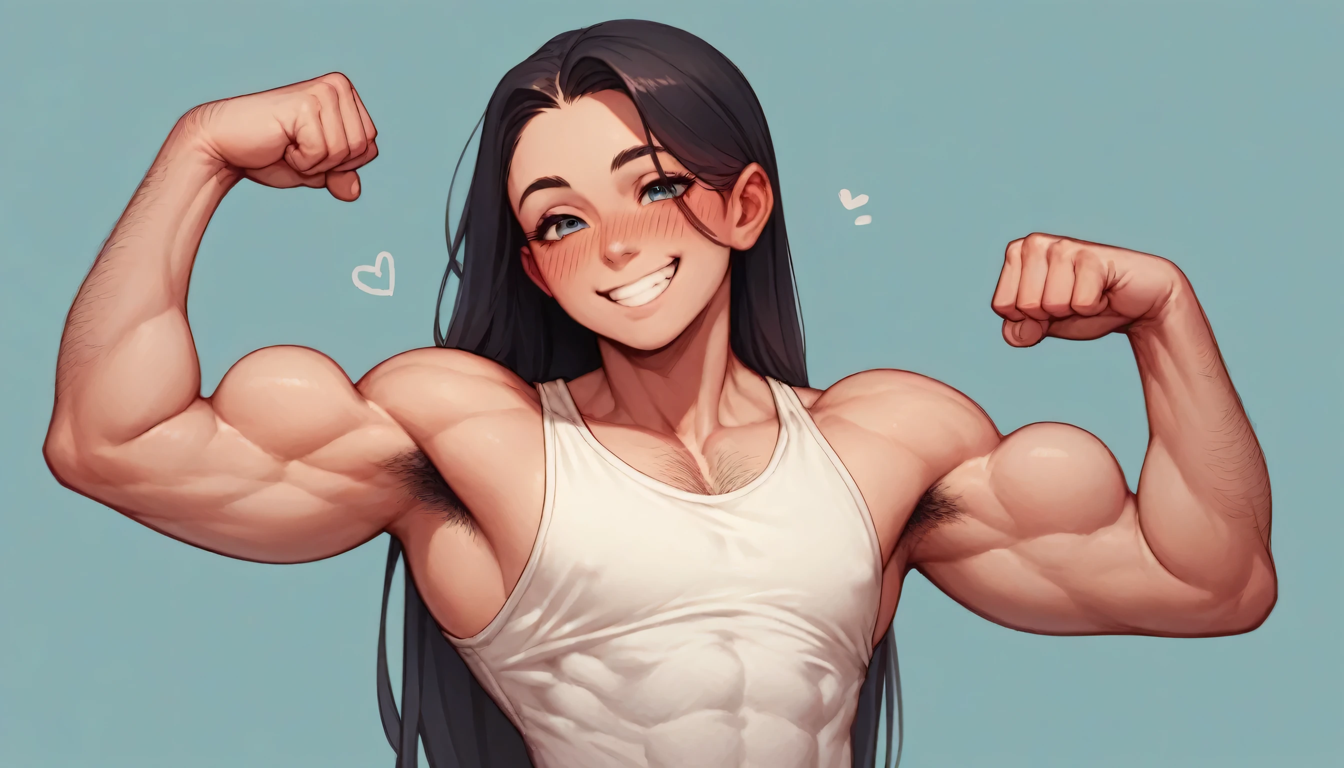 cute woman, skinny, muscular, feminine face, long hair, very detailed, smile, proud, blushing, flexing biceps, tight tank top, pec cleveage, hairy arms