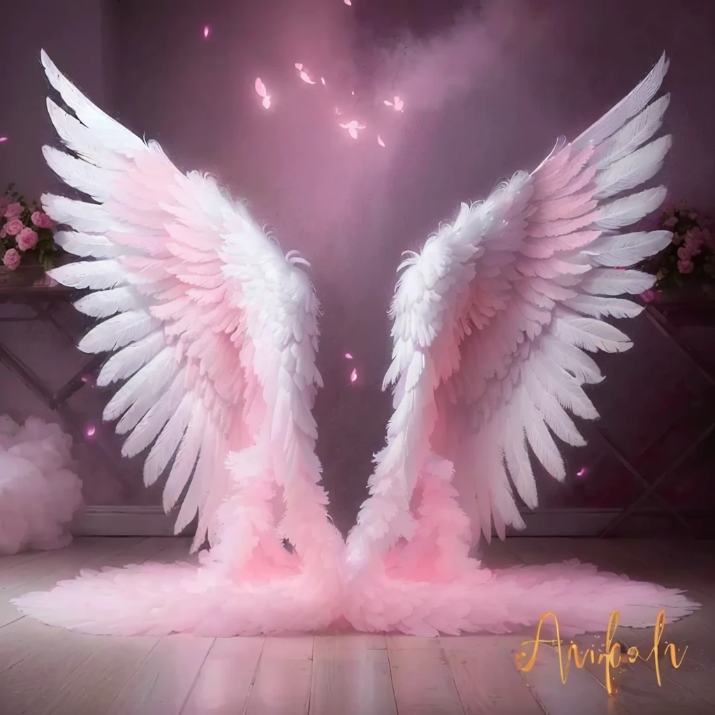 a close up of a pair of white wings on a wooden floor, infinite angel wings, grand angel wings, infinite angelic wings, massive angel wings, big angel wings wide open, angelic wings, angel wings, epic angel wings, beautiful angelic wings, angel themed, ethereal wings, large wings, heaven pink, angel-themed, angelic, angelical, feathered wings
