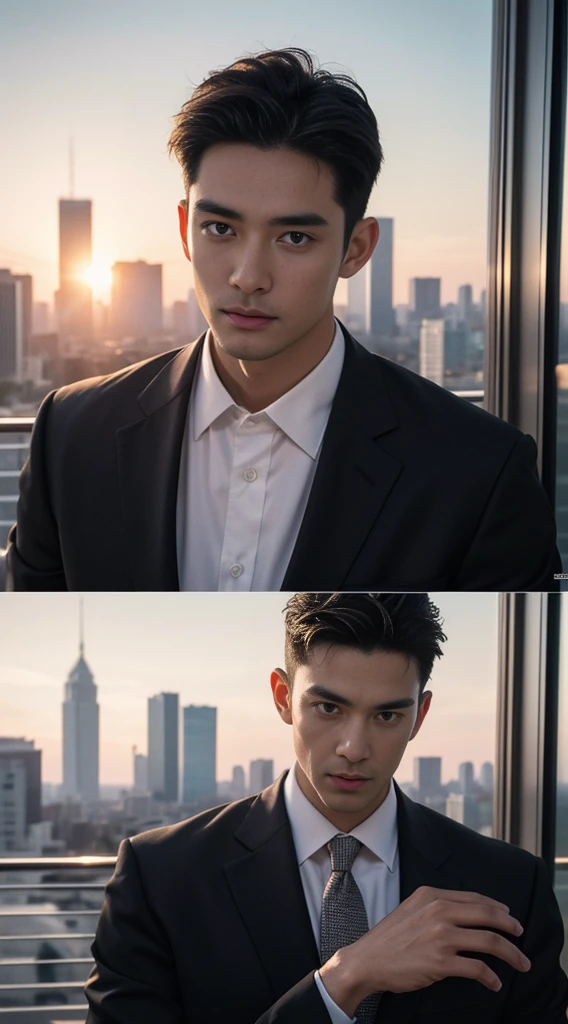 (realistically, Masterpiece, High resolution 8K, good light quality, Portrait, closed on face, complicated details), Handsome Korean Uncle, Beard,Age 40, Staring at desire, detailed face, Detailed eyes, look at the sky, shirt, suit lac suit,tick,黑Eyes, (Pale skin), body standards,brown hair, smooth hair,Big Back, Outdoor activities, evening, sunset,office room, Exaggerated, impersonal