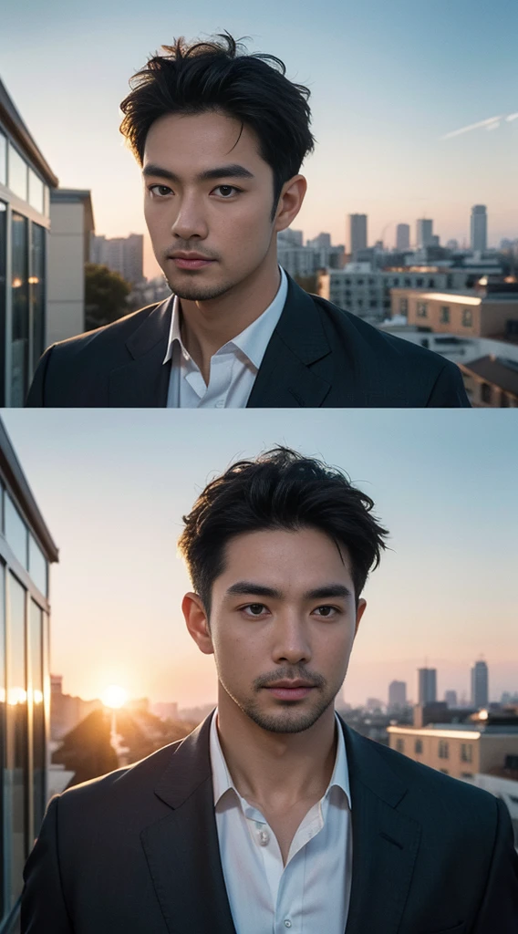 (realistically, Masterpiece, High resolution 8K, good light quality, Portrait, closed on face, complicated details), Handsome Korean Uncle, Beard,Age 40, Staring at desire, detailed face, Detailed eyes, look at the sky, shirt, suit lac suit,tick,黑Eyes, (Pale skin), body standards,brown hair, smooth hair,Big Back, Outdoor activities, evening, sunset,office room, Exaggerated, impersonal