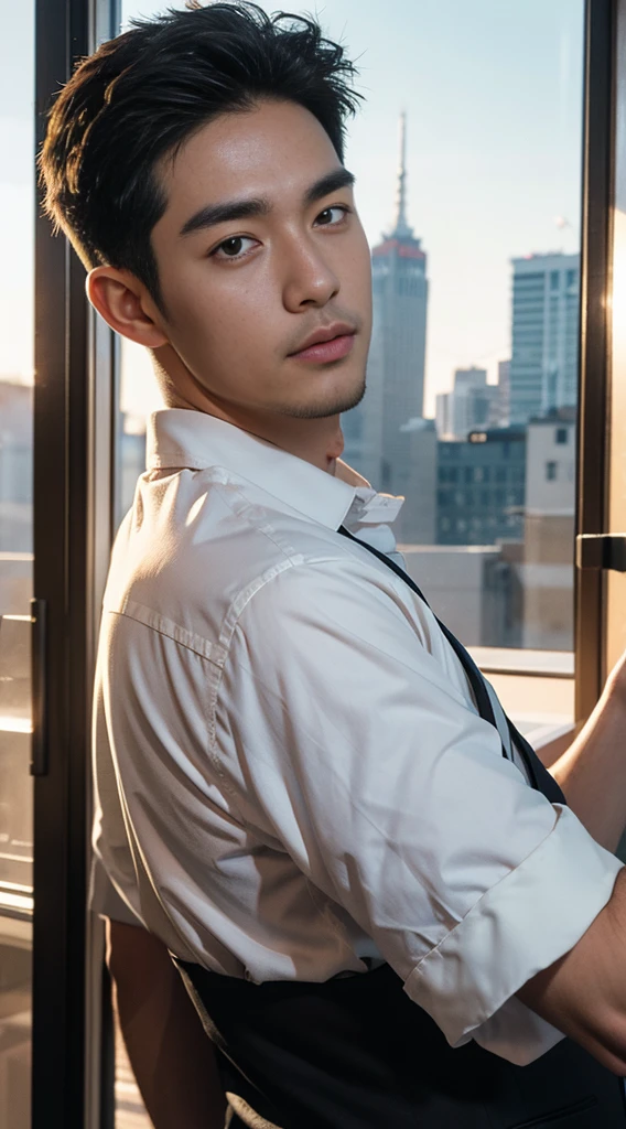 (realistically, Masterpiece, High resolution 8K, good light quality, Portrait, closed on face, complicated details), Handsome Korean Uncle, Beard,Age 40, Staring at desire, detailed face, Detailed eyes, look at the sky, shirt, suit lac suit,tick,黑Eyes, (Pale skin), body standards,brown hair, smooth hair,Big Back, Outdoor activities, evening, sunset,office room, Exaggerated, impersonal