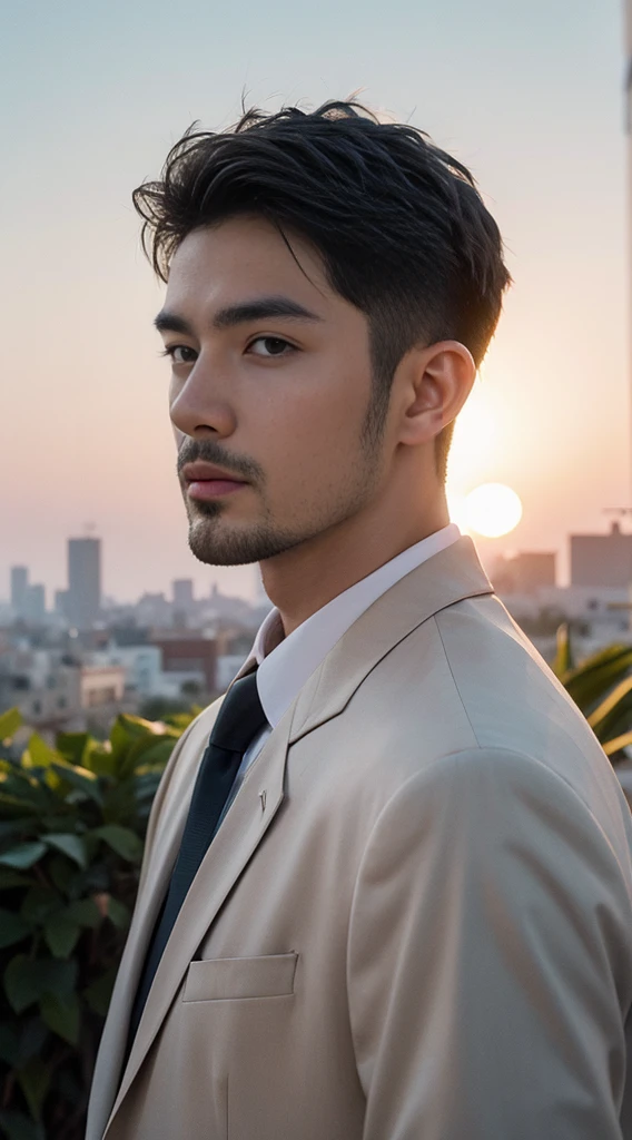 (realistically, Masterpiece, High resolution 8K, good light quality, Portrait, closed on face, complicated details), Handsome Korean Uncle, Beard，Age 40, Staring at desire, detailed face, Detailed eyes, look at the sky, shirt, suit lac suit，tick,黑Eyes, (Pale skin), body standards,brown hair, smooth hair,Big Back， Outdoor activities, evening, sunset,office room, Exaggerated, impersonal