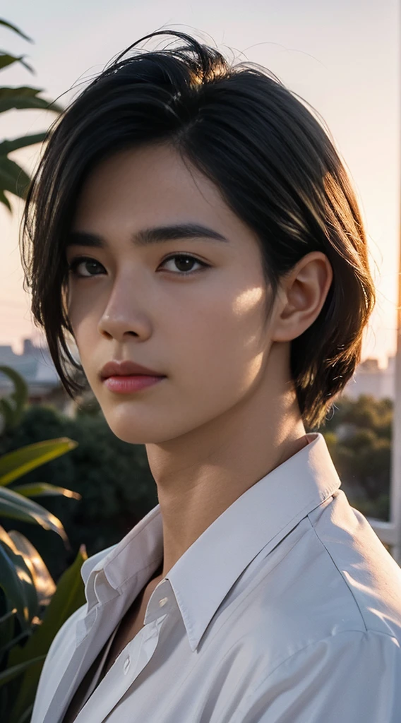 (realistically, Masterpiece, High resolution 8K, good light quality, Portrait, closed on face, complicated details), Handsome Korean Uncle, Beard,Age 40, Staring at desire, detailed face, Detailed eyes, look at the sky, shirt, suit lac suit,tick,黑Eyes, (Pale skin), body standards,brown hair, smooth hair,Big Back, Outdoor activities, evening, sunset,office room, Exaggerated, impersonal