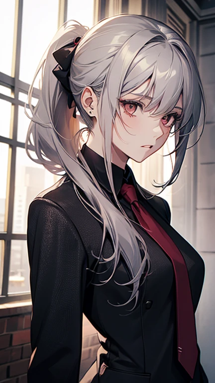 (Confused, High resolution, Very detailed), 1 female, Silver Hair,Long Hair,Reddish brown eyes,suit,Low Ponytail,Tie your hair low,Mid-20s&#39;s,Beautiful woman,mature,thin,Small breasts,quiet,Calm,Reception room,