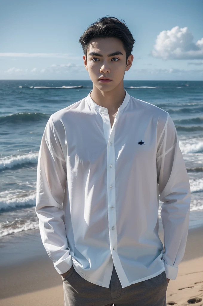 A young man in a shirt stood by the sea with a serious expression., looking into the distance，Eyebrows frowned.，He looked worried.，Turn your head slightly.，Cloudy day