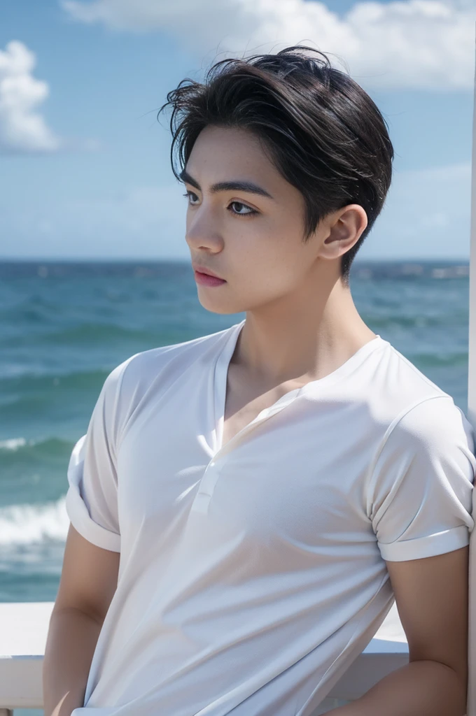 A young man in a shirt stood by the sea with a serious expression., looking into the distance,Eyebrows frowned.,He looked worried.,Turn your head slightly.,Cloudy day
