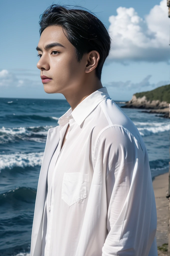 A young man in a shirt stood by the sea with a serious expression., looking into the distance,Eyebrows frowned.,He looked worried.,Turn your head slightly.,Cloudy day