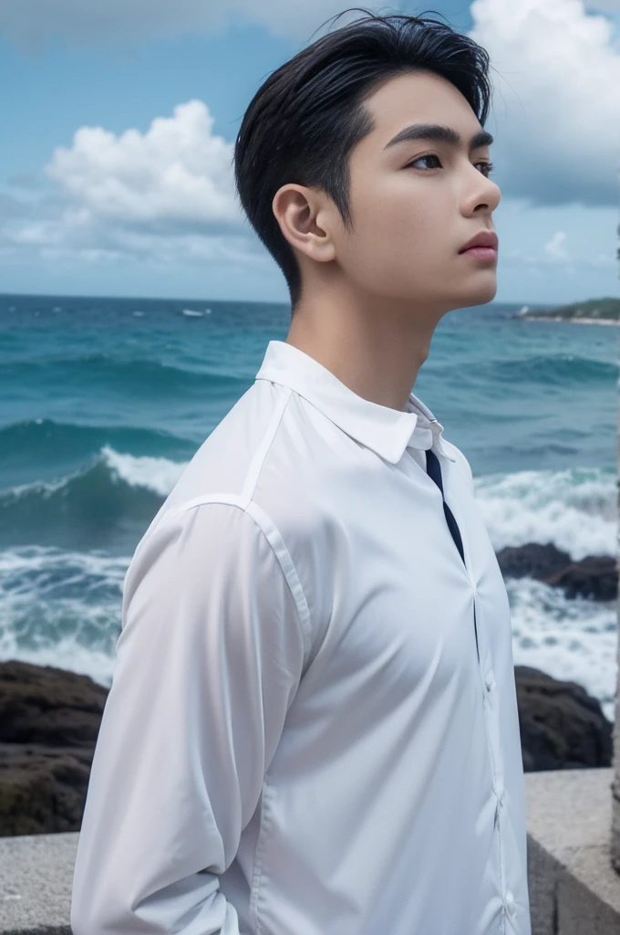 A young man in a shirt stood by the sea with a serious expression., looking into the distance，Eyebrows frowned.，He looked worried.，Turn your head slightly.，Cloudy day