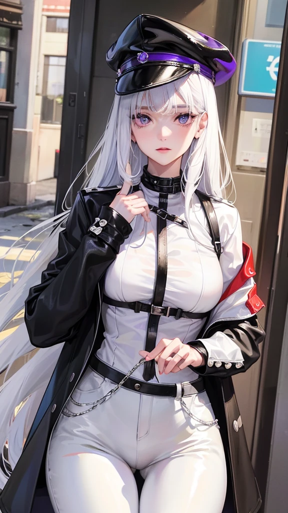 She is half french and Swiss. She has a long   with white hair.She has purple eyes, and she has an oval face, which is beautiful .She has a nice body with soft skin. 
Shy faces, wear white shirt , age , Streets style, polite ,long black leather trousers,black jackets 