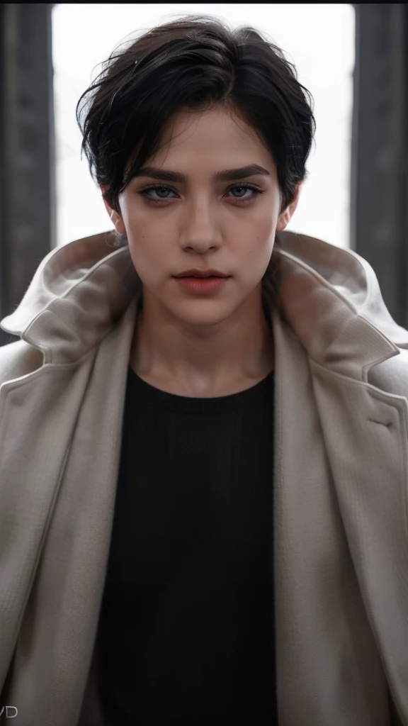 Boy, black hair, black eyes, serious sharp features, white skin, handsome, sweater, coat, good lighting, light from the front, symmetrical camera angle, Realistic, ultra realistic, HD, 8K 