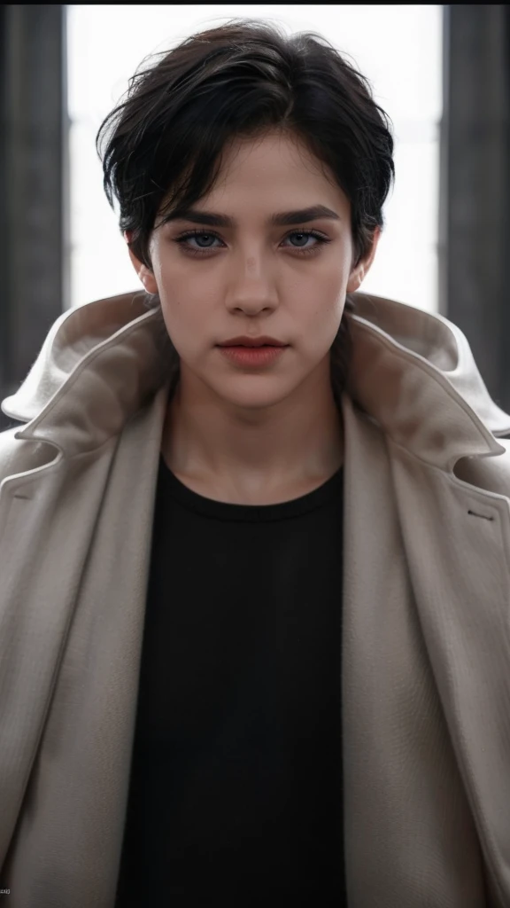 Boy, black hair, black eyes, serious sharp features, white skin, handsome, sweater, coat, good lighting, light from the front, symmetrical camera angle, Realistic, ultra realistic, HD, 8K