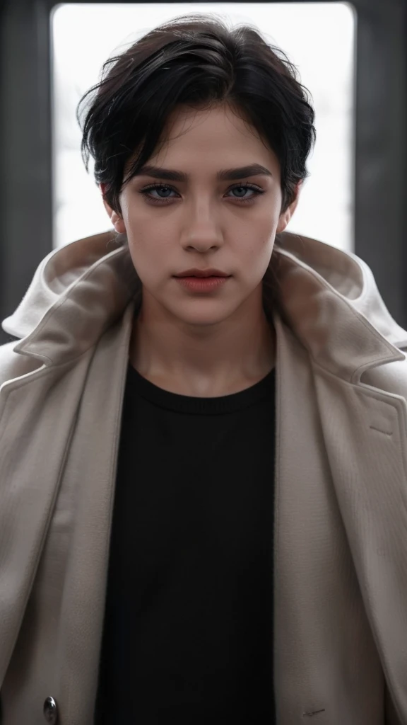 Boy, black hair, black eyes, serious sharp features, white skin, handsome, sweater, coat, good lighting, light from the front, symmetrical camera angle, Realistic, ultra realistic, HD, 8K 