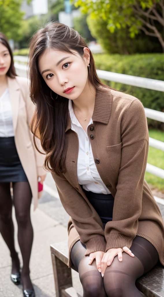 (((masterpiece))), (((Highest quality: 1.4))), ((Very detailed: 1.4)) , ulzzang-6500-v1.1, (RAW Photos:1.2), (Photorealistic), (Genuine:1.4), Sharp focus、Handbagsと財布を持ってベンチに座っている女性, Ayaka, Chiho, Yoshitomo Nara, Wearing a flared mini skirt, (Ultra-realistic pantyhose:1.5), Shot on a Canon 80d, Shot with Canon EOS 5D Mark IV, 👰 🏇 ❌ 🍃, translator, Handbags, 🤬 🤮 💕 🎀