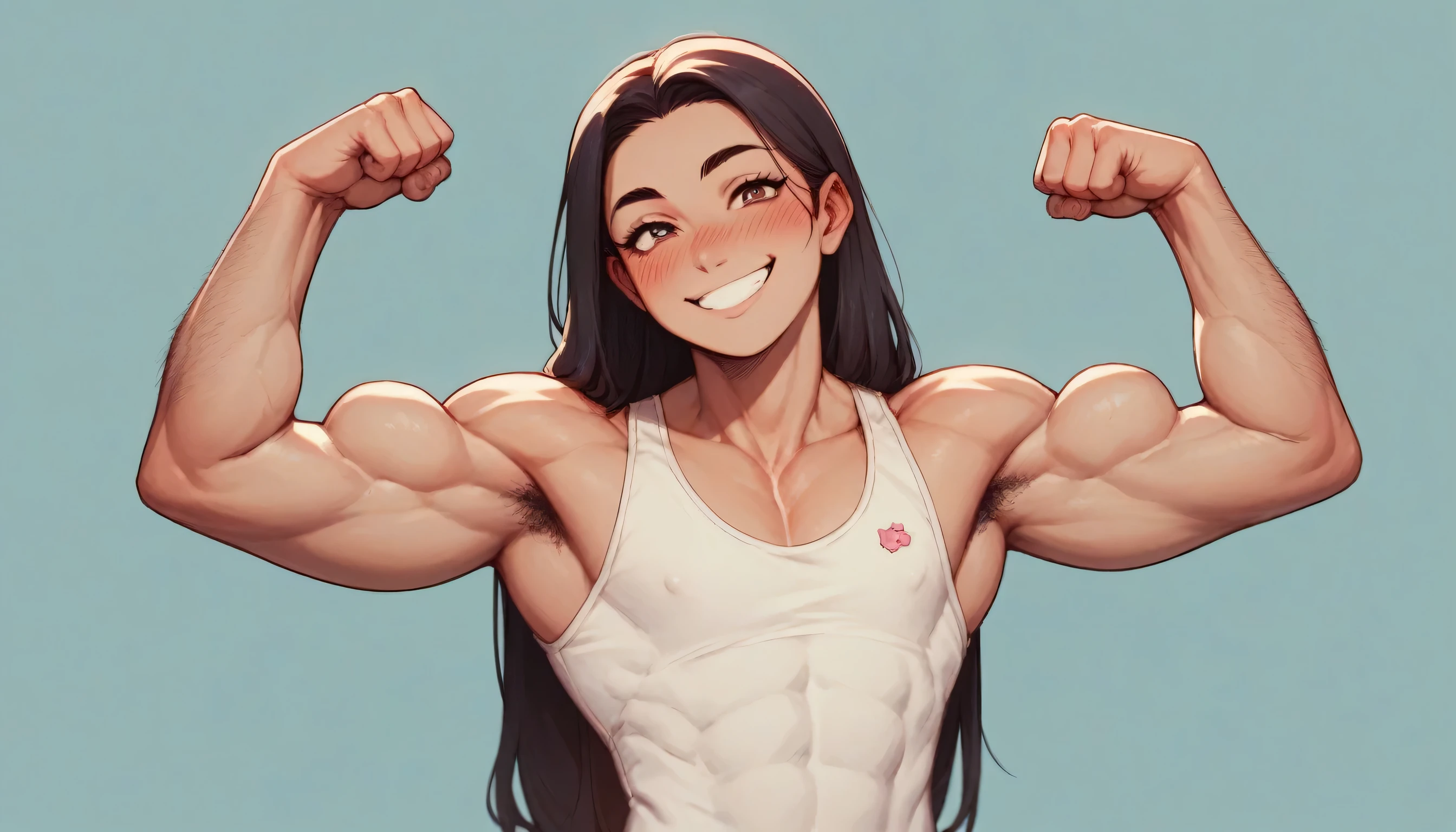 cute woman, skinny, muscular, feminine face, long hair, very detailed, smile, proud,  blushing, flexing biceps, tight tank top, pec cleveage, hairy arms