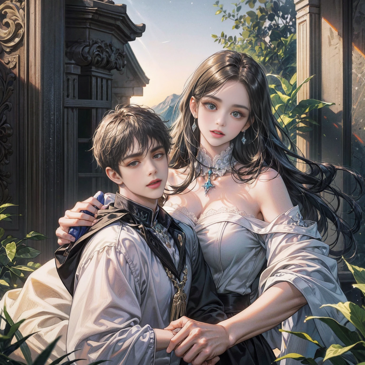 (masterpiece), (Highest quality, High resolution, Very detailed, figure), , Beautiful attention to detail, 8K, Trending on Art Station, A mountain with the moon floating in the sky, introduced on Pixiv々and lakes, 4K のVery detailedデジタルアート, Very detailed4K HD壁紙, Impressive and fantastic landscape, Sci-Fi Fantasy Desktop Wallpaper, Unreal Engine 4K Wallpaper, 4K Detailed Digital Art, Sci-Fi Fantasy Wallpapers, Epic dreamy fantasy landscape, 4K HD Matte Digital Painting, Amazing artwork in 8K "Under the clear blue summer sky, in the garden of a modern house in Pula, Croatia, a young father is warmly and tightly holding up his young twin children, a boy and a girl. The father, once Constantine I, displays an expression of love and forgiveness, showing no signs of fatigue from work. The twins, once Crispus and Fausta, have innocent and radiant smiles, enveloped in a sense of security in their father's arms. In the background, the sparkling sea and the stylish modern house bathed in summer sunlight extend. Light and shadow intertwine perfectly, with the whole scene exuding a glow symbolizing purification and relationship restoration."。Also friendly and pleasant relationship、divine atmosphere、A paradise of greenery and flowers、heaven、Blessings and Blessings、Beautiful fece、brilliance、ultra-quality、Ultra-high resolution、ultra-definition、Super beautiful、masterpiece