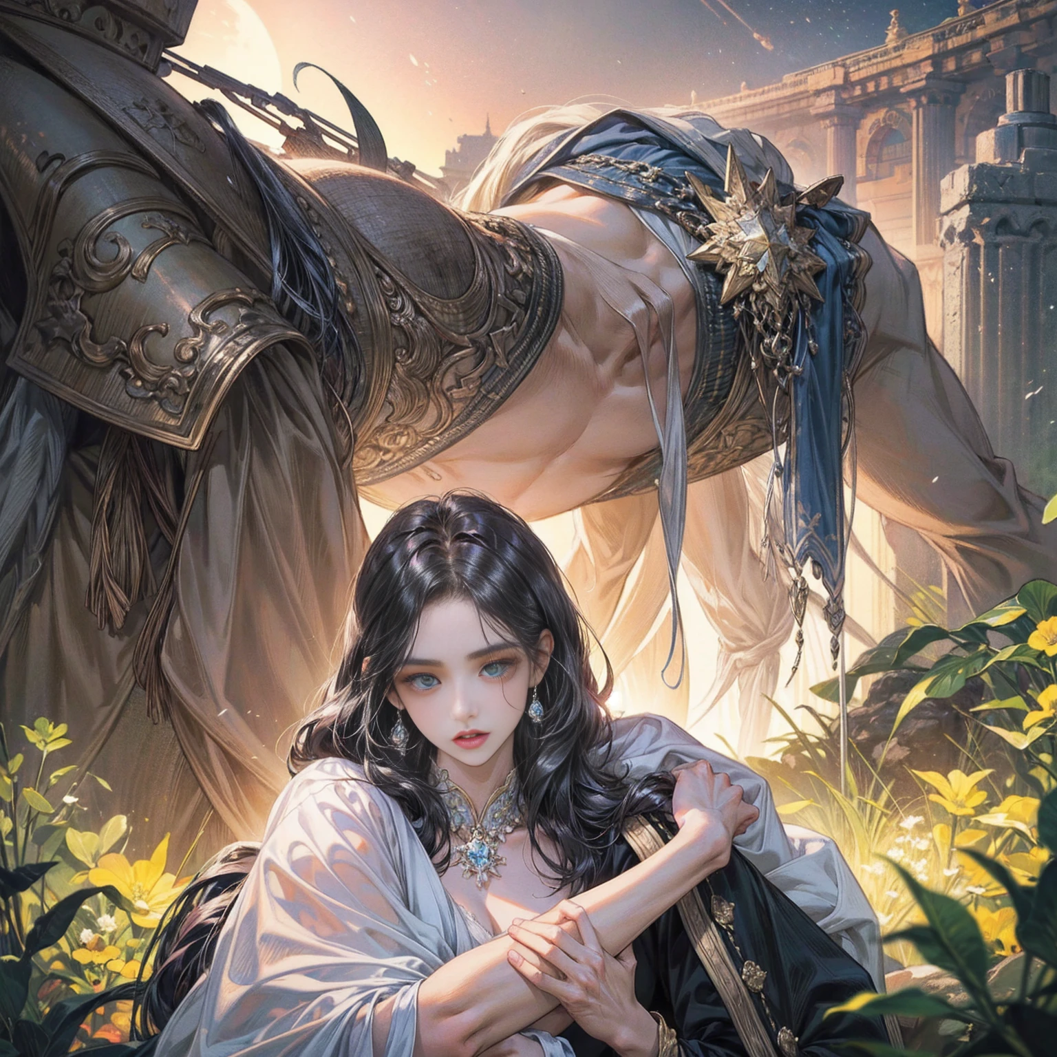 (masterpiece), (Highest quality, High resolution, Very detailed, figure), , Beautiful attention to detail, 8K, Trending on Art Station, A mountain with the moon floating in the sky, introduced on Pixiv々and lakes, 4K のVery detailedデジタルアート, Very detailed4K HD壁紙, Impressive and fantastic landscape, Sci-Fi Fantasy Desktop Wallpaper, Unreal Engine 4K Wallpaper, 4K Detailed Digital Art, Sci-Fi Fantasy Wallpapers, Epic dreamy fantasy landscape, 4K HD Matte Digital Painting, Amazing artwork in 8K "Under the clear blue summer sky, in the garden of a modern house in Pula, Croatia, a young father is warmly and tightly holding up his young twin children, a boy and a girl. The father, once Constantine I, displays an expression of love and forgiveness, showing no signs of fatigue from work. The twins, once Crispus and Fausta, have innocent and radiant smiles, enveloped in a sense of security in their father's arms. In the background, the sparkling sea and the stylish modern house bathed in summer sunlight extend. Light and shadow intertwine perfectly, with the whole scene exuding a glow symbolizing purification and relationship restoration."。Also friendly and pleasant relationship、divine atmosphere、A paradise of greenery and flowers、heaven、Blessings and Blessings、Beautiful fece、brilliance、ultra-quality、Ultra-high resolution、ultra-definition、Super beautiful、​masterpiece