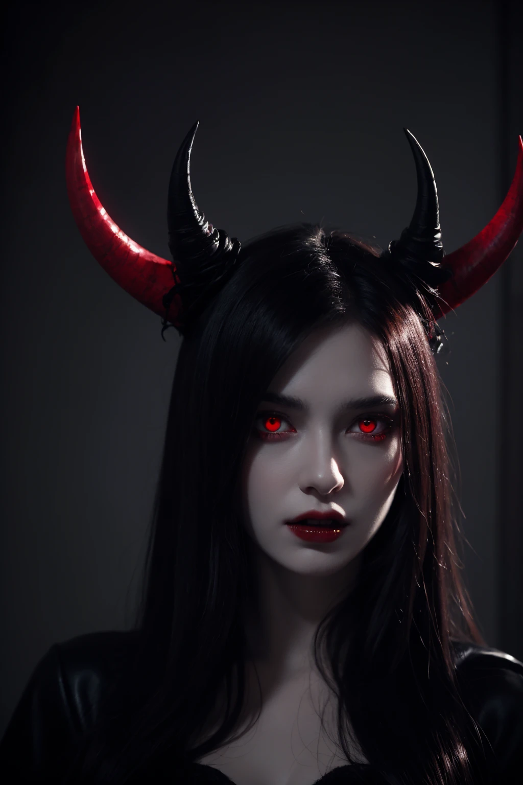 a demonic girl with horns, glowing red eyes, pale skin, sharp fangs, dark makeup, black hair, dark clothing, gothic style, dramatic lighting, cinematic composition, dark fantasy, digital painting, highly detailed, 8k, photorealistic