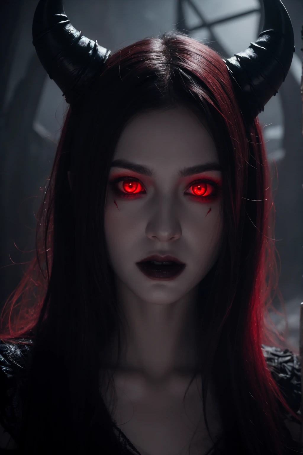 a demonic girl with horns, glowing red eyes, pale skin, sharp fangs, dark makeup, black hair, dark clothing, gothic style, dramatic lighting, cinematic composition, dark fantasy, digital painting, highly detailed, 8k, photorealistic