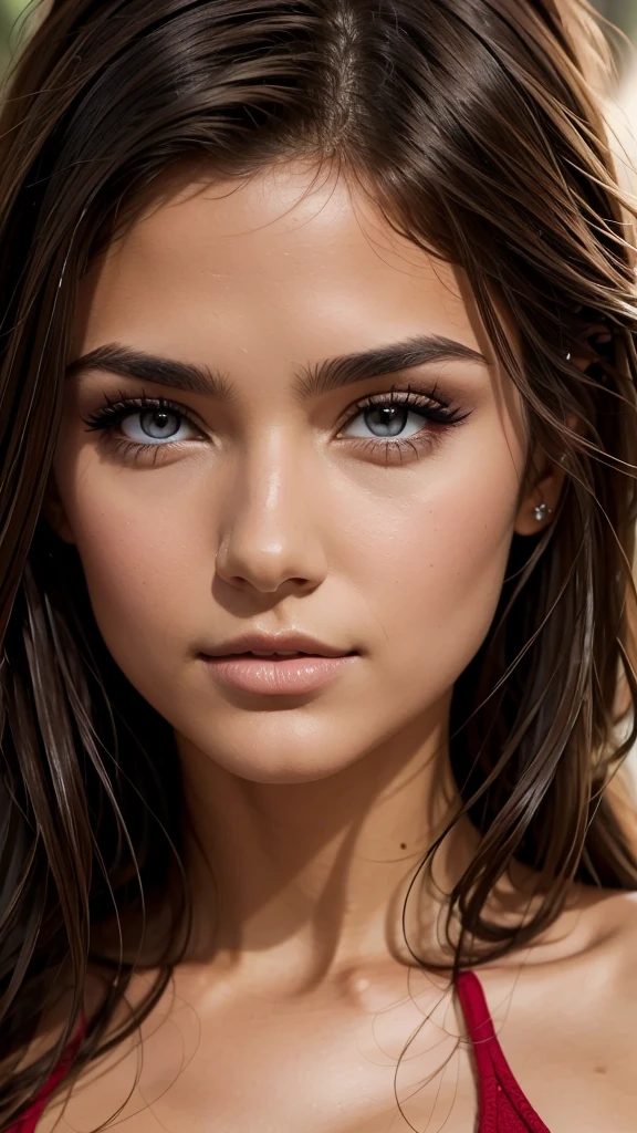 A sexy girl, brunette hair close up shot, portrait, realistic, Detailed Eyes,