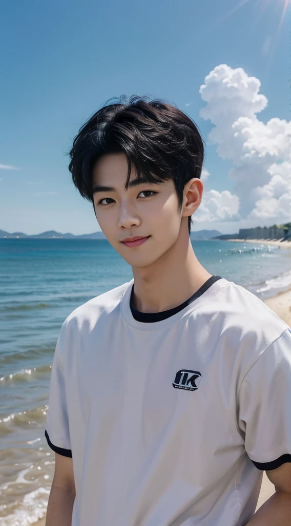 (As a matter of fact, Masterpiece, 8k HD, good light quality, sportswear, fit the face, complicated details), Handsome Korean young man, 20 years old, be happy, smile brightly, detailed face, delicate eyes, มองดูsky, Wear casual clothes, period, black eyes, Black hair color, ผมsmooth, smooth, outdoor sports, By the sea, Sunny,sky,Surreal,Awesome details,Highest quality,real,