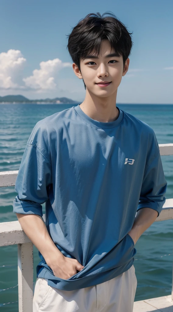 (As a matter of fact, Masterpiece, 8k HD, good light quality, sportswear, fit the face, complicated details), Handsome Korean young man, 20 years old, be happy, smile brightly, detailed face, delicate eyes, มองดูsky, Wear casual clothes, period, black eyes, Black hair color, ผมsmooth, smooth, outdoor sports, By the sea, Sunny,sky，Surreal，Awesome details，Highest quality，real，