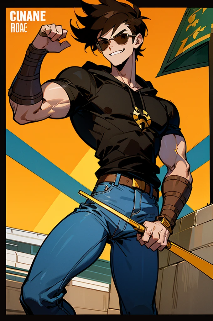 ((illustration)), (best quality)), ((masterpiece)), (detailed), ((road)) comic cover, teenage, boy, dark hair, brown eyes, muscular, shirt, black hoodie, jeans, combat boots, sunglass, smirking, solo, gauntlet, day, stylish,