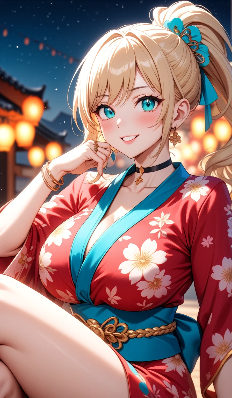 ((One personの女性)), Beautiful Face,(Laughing embarrassedly), (naughty face:1.2), (Wink:1.9), Laughing with your mouth open, upper teeth, ((Bright red cheeks:1.4)),Glossy pink lips, ((crossed legs:1.4)), (panty shot), Touching hair with hands,looking at viewer,Shining Face, rooftop, Festival decorations, firework, ((Anime style background)),masterpiece, Highest quality, so beautiful,up to date, Complex details, (Pink long nails),(ring),(bracelet),(choker),AI-generated, Complex,High resolution, Highest quality, super high quality,3D Images、3D Images,One person,Long blonde hair,ponytail, wavy hair ,Anime woman posing for a photo, ((Fine grain、Turquoise Eyes、Shining Eyes:1.3)), (Squint your eyes:1.1),a hyperRealistic , hyperRealistic , Realistic,Anime woman with long white hair, Smooth anime CG art, A woman in a colorful kimono with gold embroidery, (Pink long sleeve kimono),Red floral pattern,Long flower hair ornament,Earrings,Mature Body,(Big Breasts:1.1),Tall,Abdominal muscles,Tight waist,(Zoom up to face:1.2), (front side),