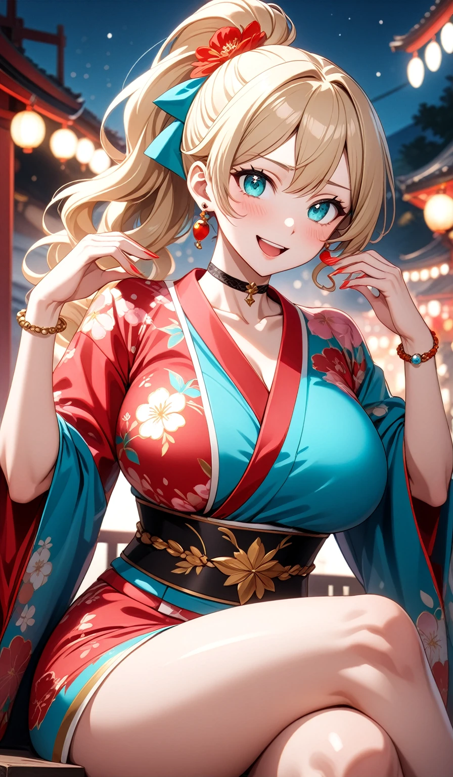 ((One personの女性)), Beautiful Face,(Laughing embarrassedly), (naughty face:1.2), (Wink:1.9), Laughing with your mouth open, upper teeth, ((Bright red cheeks:1.4)),Glossy pink lips, ((crossed legs:1.4)), ( shot), Touching hair with hands,looking at viewer,Shining Face, rooftop, Festival decorations, firework, ((Anime style background)),masterpiece, Highest quality, so beautiful,up to date, Complex details, (Pink long nails),(ring),(bracelet),(choker),AI-generated, Complex,High resolution, Highest quality, super high quality,3D Images、3D Images,One person,Long blonde hair,ponytail, wavy hair ,Anime woman posing for a photo, ((Fine grain、Turquoise Eyes、Shining Eyes:1.3)), (Squint your eyes:1.1),a hyperRealistic , hyperRealistic , Realistic,Anime woman with long white hair, Smooth anime CG art, A woman in a colorful kimono with gold embroidery, (Pink long sleeve kimono),Red floral pattern,Long flower hair ornament,Earrings,Mature Body,(:1.1),Tall,Abdominal muscles,Tight waist,(Zoom up to face:1.2), (front side),
