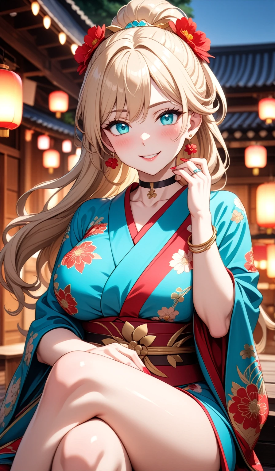 ((One personの女性)), Beautiful Face,(Laughing embarrassedly), (naughty face:1.2), (Wink:1.9), Laughing with your mouth open, upper teeth, ((Bright red cheeks:1.4)),Glossy pink lips, ((crossed legs:1.4)), (panty shot), Touching hair with hands,looking at viewer,Shining Face, rooftop, Festival decorations, firework, ((Anime style background)),masterpiece, Highest quality, so beautiful,up to date, Complex details, (Pink long nails),(ring),(bracelet),(choker),AI-generated, Complex,High resolution, Highest quality, super high quality,3D Images、3D Images,One person,Long blonde hair,ponytail, wavy hair ,Anime woman posing for a photo, ((Fine grain、Turquoise Eyes、Shining Eyes:1.3)), (Squint your eyes:1.1),a hyperRealistic , hyperRealistic , Realistic,Anime woman with long white hair, Smooth anime CG art, A woman in a colorful kimono with gold embroidery, (Pink long sleeve kimono),Red floral pattern,Long flower hair ornament,Earrings,Mature Body,(Big Breasts:1.1),Tall,Abdominal muscles,Tight waist,(Zoom up to face:1.2), (front side),