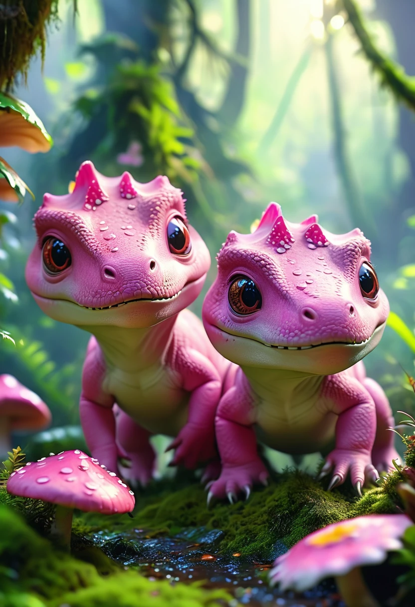 (2 cute pink Tyrannosaurus cubs), Beautiful and delicate pink eyes, Long eyelashes,Beautiful and delicate face, Extremely detailed eyes and face, Cute expression, Dense jungle background, moss，Colorful strange mushrooms on the ground，Dreamy, Fantastic, watercolor, number, (best quality,4K,8K,high resolution,masterpiece:1.2),Extremely detailed,(Practical,photoPractical,photo-Practical:1.37),Vibrant colors,Soft lighting
