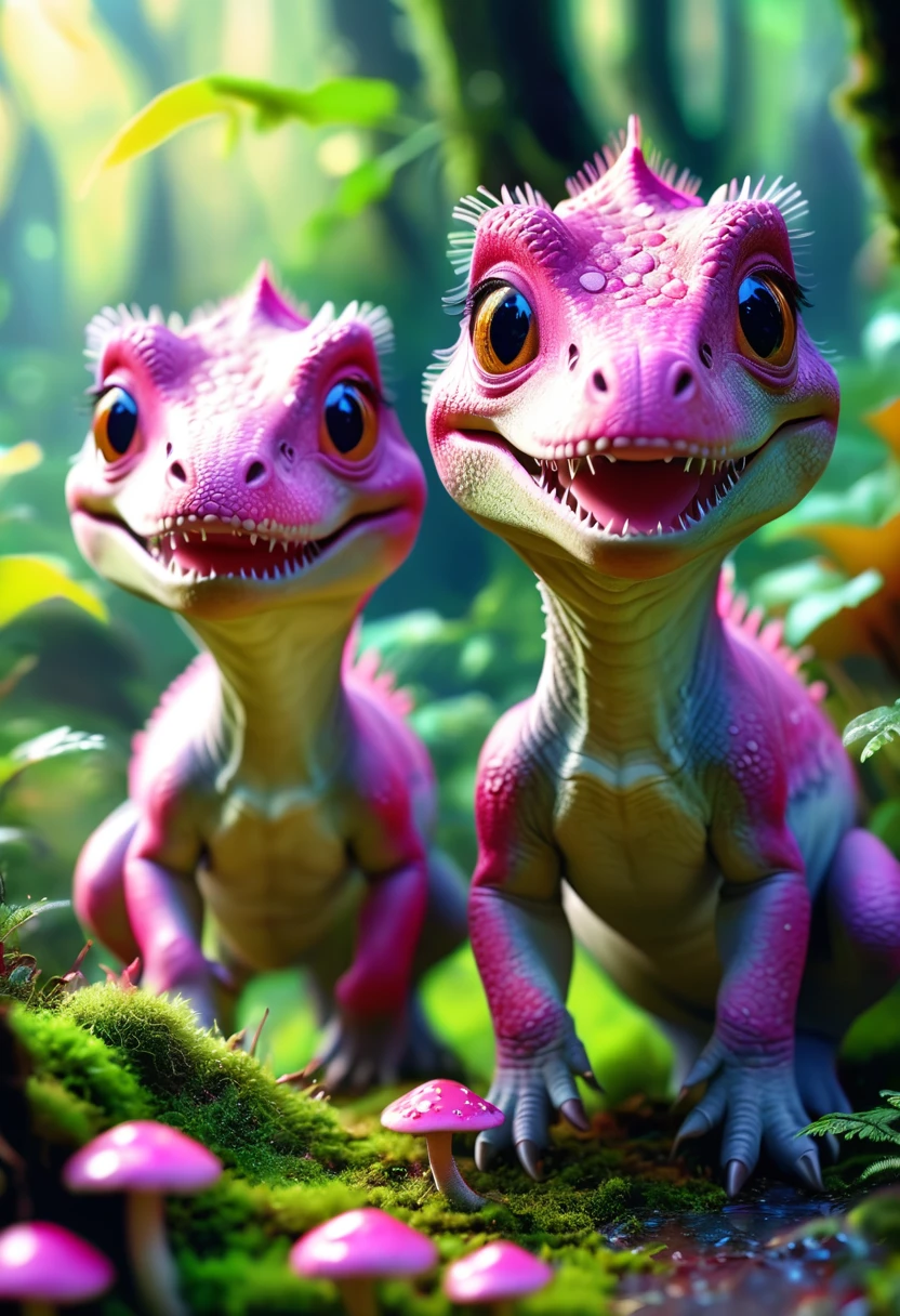 (2 cute pink Tyrannosaurus cubs), Beautiful and delicate pink eyes, Long eyelashes,Beautiful and delicate face, Extremely detailed eyes and face, Cute expression, Dense jungle background, moss,Colorful strange mushrooms on the ground,Dreamy, Fantastic, watercolor, number, (best quality,4K,8K,high resolution,masterpiece:1.2),Extremely detailed,(Practical,photoPractical,photo-Practical:1.37),Vibrant colors,Soft lighting