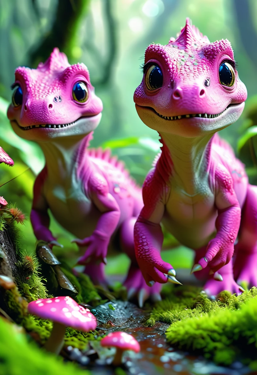 (2 cute pink Tyrannosaurus cubs), Beautiful and delicate pink eyes, Long eyelashes,Beautiful and delicate face, Extremely detailed eyes and face, Cute expression, Dense jungle background, moss，Colorful strange mushrooms on the ground，Dreamy, Fantastic, watercolor, number, (best quality,4K,8K,high resolution,masterpiece:1.2),Extremely detailed,(Practical,photoPractical,photo-Practical:1.37),Vibrant colors,Soft lighting
