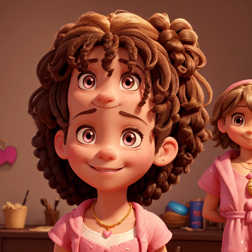 
	•Age: 3 years old • Body type: Skinny and short, and light brunette • Hair: Short afro with several braids in the hair with pink elastics at the end • Eyes: Castanhos escuros, torn up, with long eyelashes Mouth: thin upper lip and thicker lower lip smiling • Accessories: Small gold hoops, necklace with a pink heart and bracelets • Nose: Flat • Style: Disney Pixar just a winking face baking a cake 