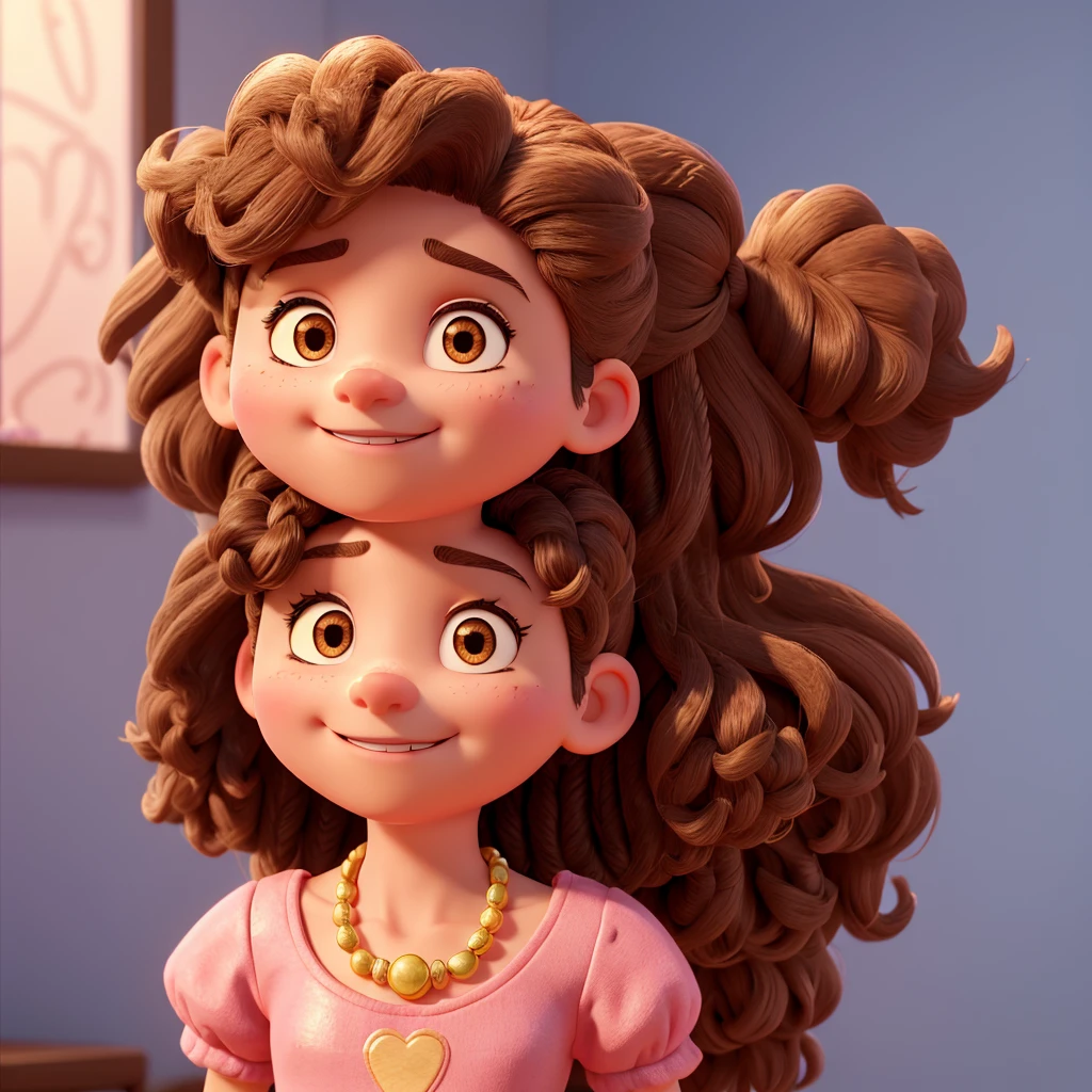 •Age: 3 years old • Body type: Skinny and short, and light brunette • Hair: Short afro with several braids in the hair with pink elastics at the end • Eyes: Castanhos escuros, torn up, with long eyelashes Mouth: thin upper lip and thicker lower lip smiling • Accessories: Small gold hoops, necklace with a pink heart and bracelets • Nose: Flat • Style: Disney Pixar just a winking face baking a cake