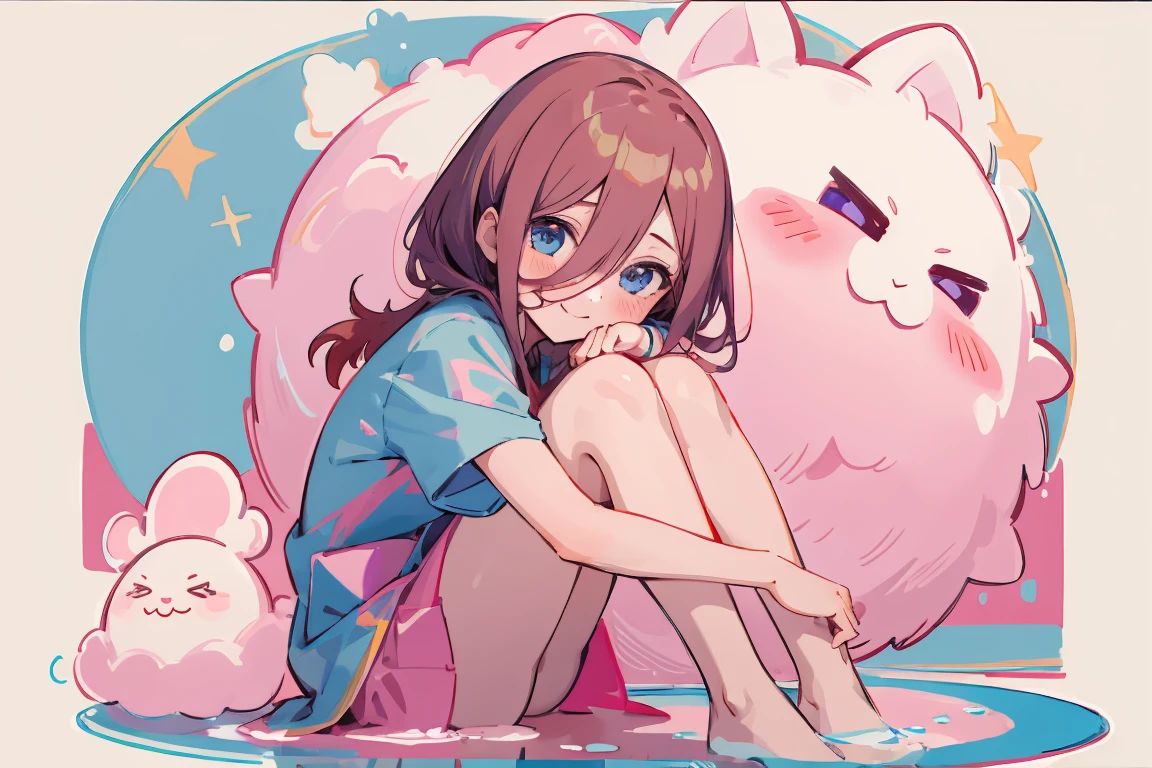 ((best quality)), ((masterpiece)), (detailed), perfect face, 1girl, nakano itsuki, smiling, whimsical, triad color pallette, hugging knees, looking at viewer, pink water droplets, smiling, flat colouring, full body, blank space on the left, fluffy red hair, star hairclips