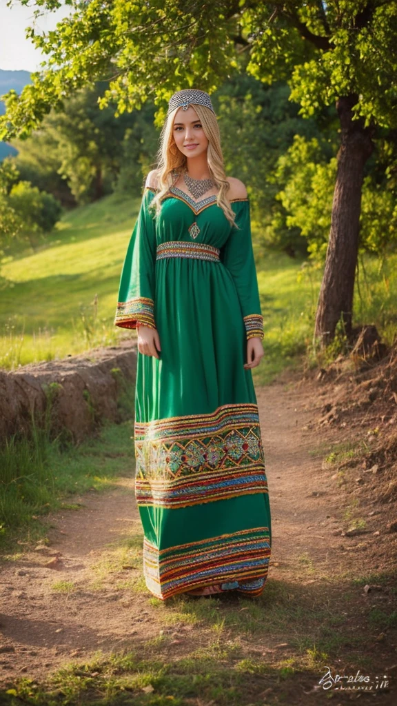 beautifull hot german blonde, robe kabyle, berber, amazigh dress, kabyledress, tizi ouzou, berber outfil, kabylegirl, bijoux, beautifull nature background, full body, realistic, green robes
