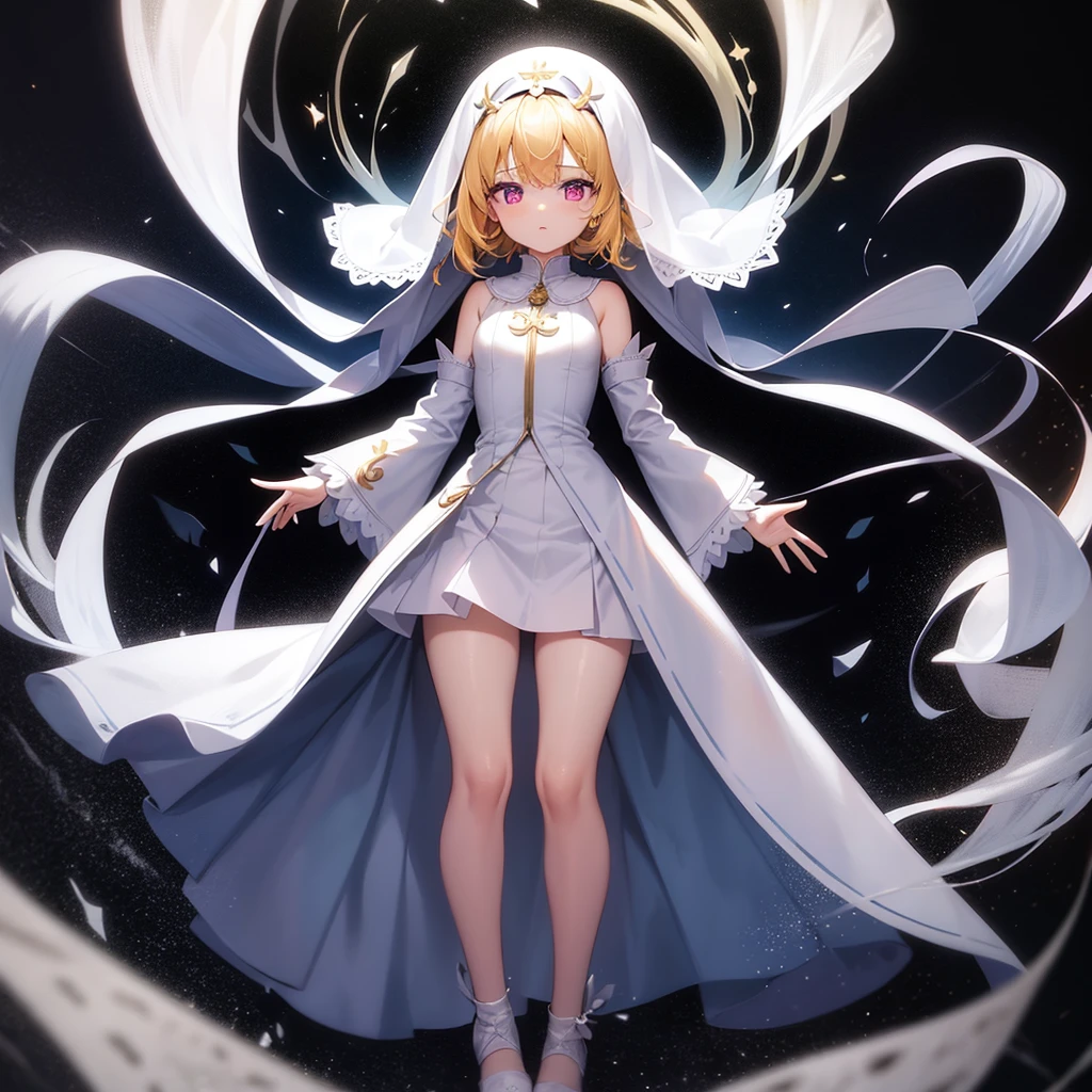 (Priest),(Revealing clothing),(((White clothes))),Veil,Cute little ,Tiny Lori,Small girl,,Childish face, Very fine clean face,Top quality, Big eyes,Straight Hair,Yellow hair,Crimson Eye,(Dark Room), Subtle light, Natural light,Soft lighting,Light from directly behind, (Are standing), Cute pose, Open your hands, Showing the whole body,Front view,Black background