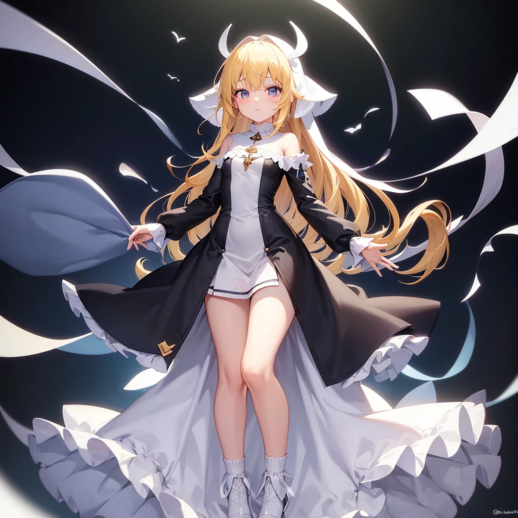 (Priest),(Revealing clothing),(((White clothes))),Veil,Cute little loli,Tiny Lori,Small girl,,Childish face, Very fine clean face,Top quality, Big eyes,Straight Hair,Yellow hair,Crimson Eye,(Dark Room), Subtle light, Natural light,Soft lighting,Light from directly behind, (Are standing), Cute pose, Open your hands, Showing the whole body,Front view,Black background