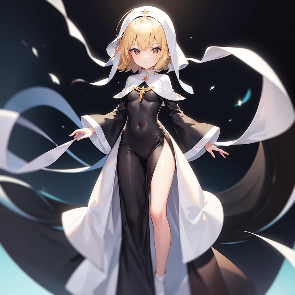 (Priest),(Revealing clothing),(((White clothes))),Veil,Cute little loli,Tiny Lori,Small girl,,Childish face, Very fine clean face,Top quality, Big eyes,Straight Hair,Yellow hair,Crimson Eye,(Dark Room), Subtle light, Natural light,Soft lighting,Light from directly behind, (Are standing), Cute pose, Open your hands, Showing the whole body,Front view,Black background