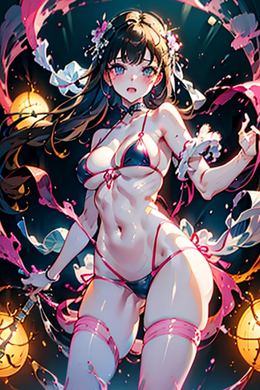 (masterpiece, Best Quality, ultra-detailed, high resolution, extremely detailed CG, official art, Professional Lighting, Perfect Anatomy), (from below), looking at viewer, cowboy shot, perfect body, 24yo beautiful 1girl, delicate beautiful face, Bright magenta eyes, cute eyes, sparkling eyes, (perky chest:1.1), (pointed chest:1.3), medium hips, glamorous body,a small face,beautiful-makeup,Makeup light,Shortcut Hair,dark brown hair, Amazing Cleavage:1.2,Raised sexy, small breast: 1.2 ,posed cleavage:1.2, bare legs, nail_polish, a woman (only Wearing black Bikini tops,bikini bottoms,String Only Micro Bikini,Very large breasts, :1.3),no primeval clothes,No long pants