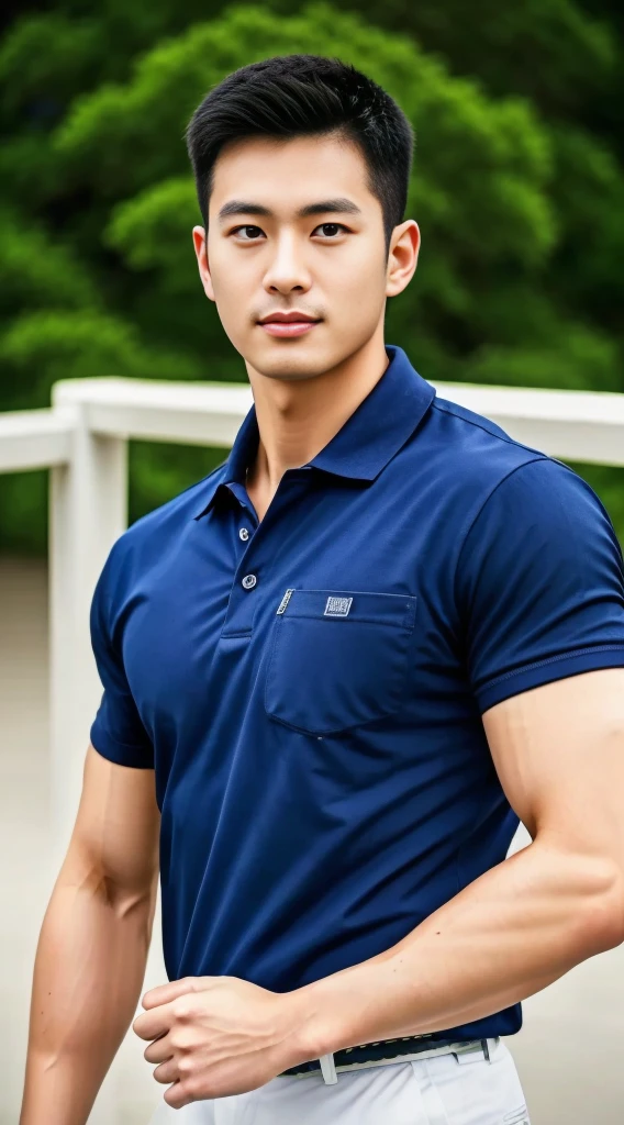 A male police officer in his 20s poses for a group photo....., Wear a navy blue polo shirt......................., high resolution, Masterpiece, best quality, head:1.3,((Hasselblad photos)), Smooth and fine skin, clear focus, (movie light), during the night, gentle light, Dynamic angle, [:(detailed face:1.2):0.2],(((exercise))), sport, His arm muscles were very big.........., hand in crotch.