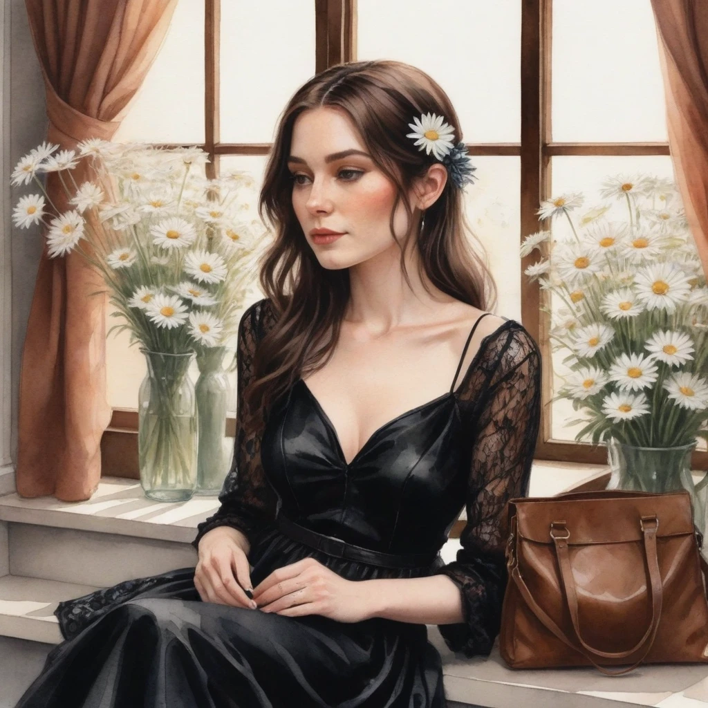 anime girl, A watercolor illustration, a woman with dark brown hair, sitting on a window sill. She is dressed in a black lace dress, adorned with long sleeves and a high neckline. her dark brown hair is tied up in a messy bun, adding a touch of casualness to her appearance. Her right hand is casually placed in her lap, while her left hand is crossed in front of her chest. she is holding a bouquet of white daisies in her right hand, with her left hand resting on her lap. the bag she holds is black leather, with her name written in white letters on the front. the background is intentionally blurred, creating a bokeh effect that draws the viewer's attention to the woman and her bag.