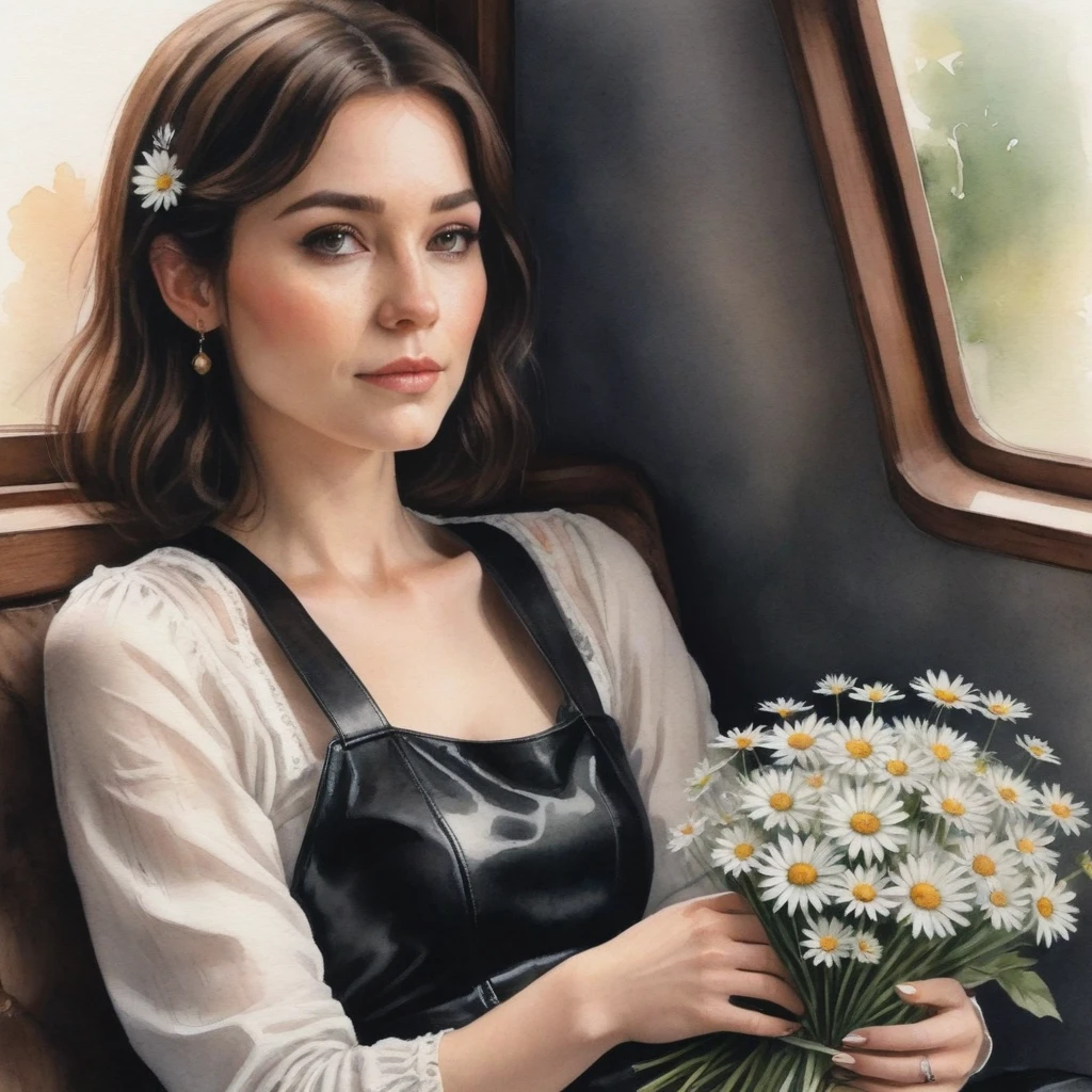 anime girl, A watercolor illustration, a woman with dark brown hair, sitting on a window sill. She is dressed in a black lace dress, adorned with long sleeves and a high neckline. her dark brown hair is tied up in a messy bun, adding a touch of casualness to her appearance. Her right hand is casually placed in her lap, while her left hand is crossed in front of her chest. she is holding a bouquet of white daisies in her right hand, with her left hand resting on her lap. the bag she holds is black leather, with her name written in white letters on the front. the background is intentionally blurred, creating a bokeh effect that draws the viewer's attention to the woman and her bag.