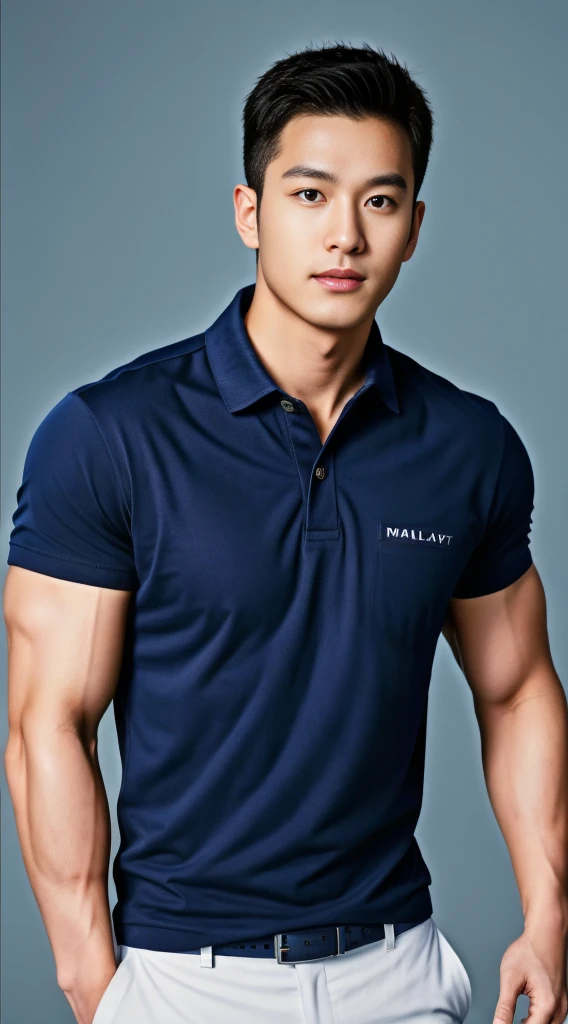 A male police officer in his 20s poses for a group photo....., Wear a navy blue polo shirt......................., high resolution, Masterpiece, best quality, head:1.3,((Hasselblad photos)), Smooth and fine skin, clear focus, (movie light), during the night, gentle light, Dynamic angle, [:(detailed face:1.2):0.2],(((exercise))), sport, His arm muscles were very big.........., hand in crotch.