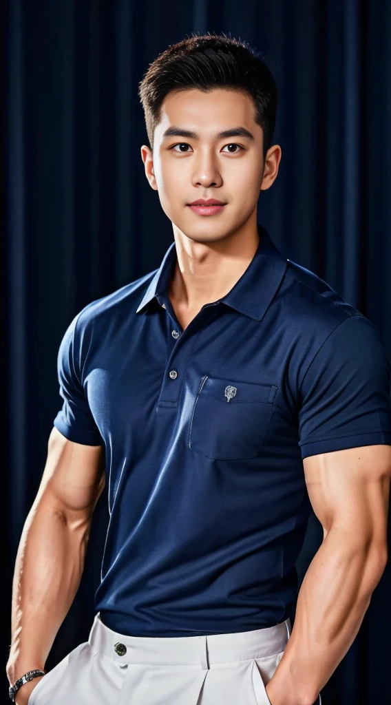 A male police officer in his 20s poses for a group photo....., Wear a navy blue polo shirt......................., high resolution, Masterpiece, best quality, head:1.3,((Hasselblad photos)), Smooth and fine skin, clear focus, (movie light), during the night, gentle light, Dynamic angle, [:(detailed face:1.2):0.2],(((exercise))), sport, His arm muscles were very big.........., hand in crotch.