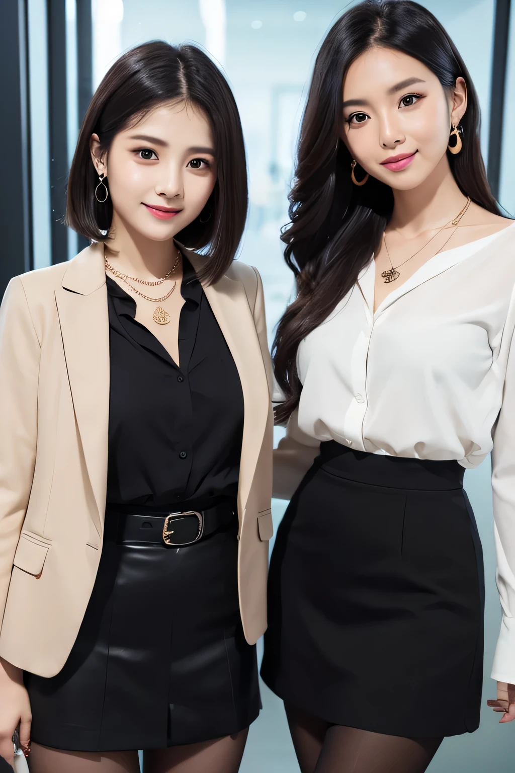 Beautiful young woman、Two women standing side by side in an office、 Black Hair、Necklace around the neck、Office Lady Suits、Jacket、Unbuttoned shirt、Knee-length skirt、tights、pumps、Full body photo、smile、Beautiful teeth alignment、short hair、Intricate details, Very detailed:1.2), 、 Looking into the camera,The background is the office、Necklace around the neck、Dark eyeliner、ear piercing