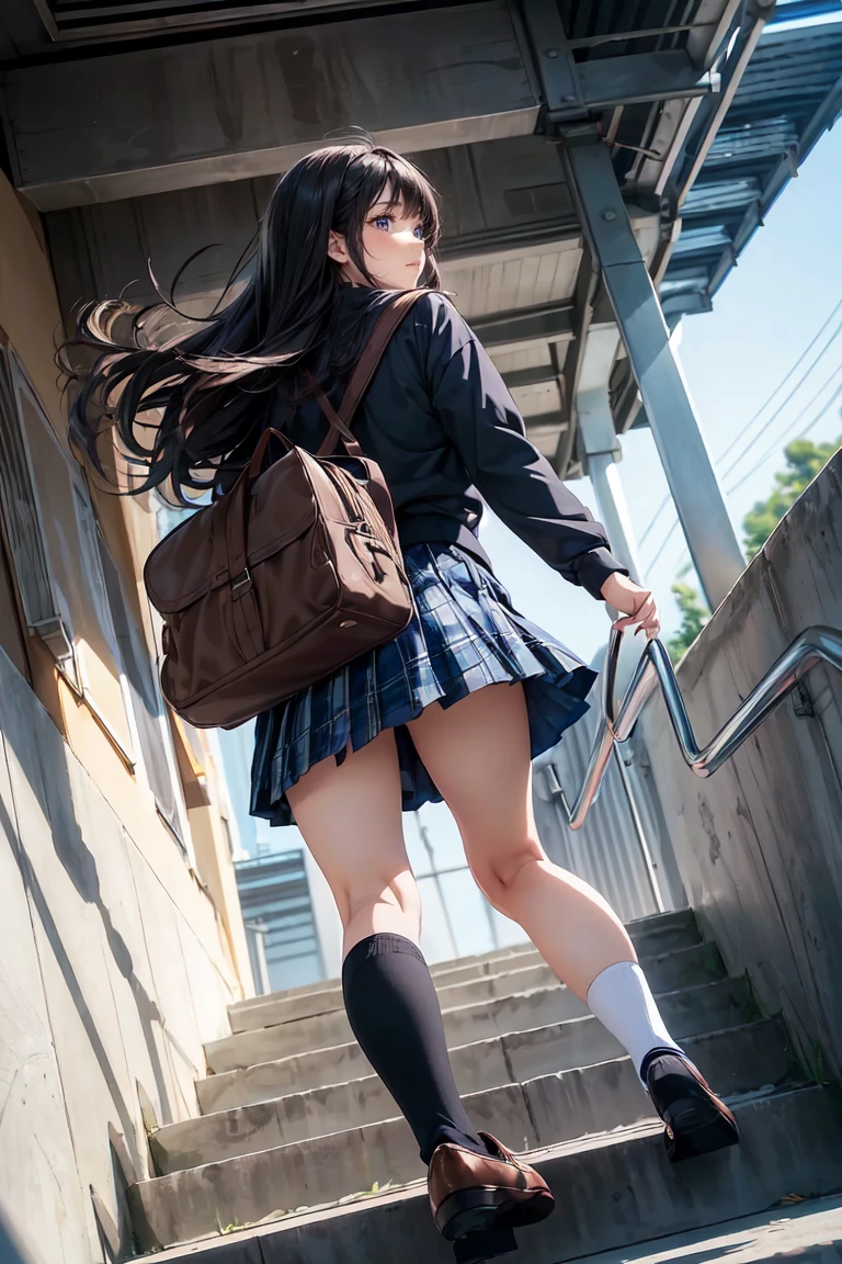 (full body:1.3), (Angle from below:1.3), (ultra detailed eyes), (ultra detailed face), high quality, best image quality, masterpiece, teenage girl, 18 years old, very cute and beautiful girl, (school stairs:1.2), ((school uniform)), (plaid skirt:1.2), school bag, (Dark blue ankle socks:1.2), (Brown Loafers:1.2), medium breasts, medium black hair, soft wavy hair, (smile:1.2), (looking back, from behind:1.3), Natural lighting, Hair fluttering in the wind, ((Finest quality)), ultra high resolution, ultra-detailliert, Meticulous portrayal, ((Best Anime)),